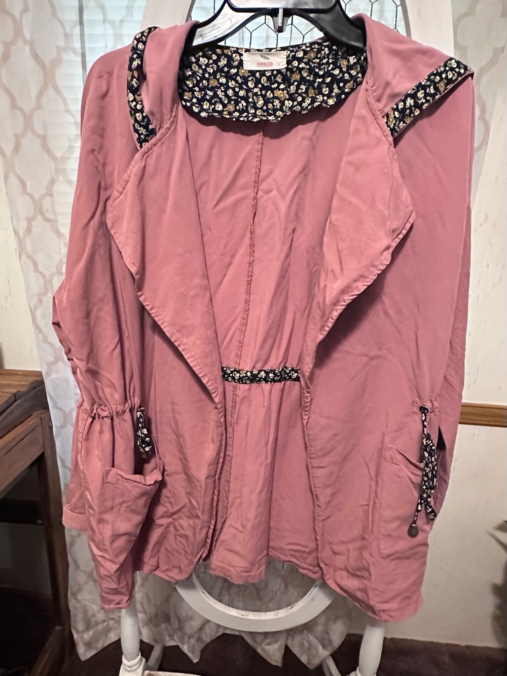 Hummingbird Dusty Rose Floral-Trim Open Front Jacket